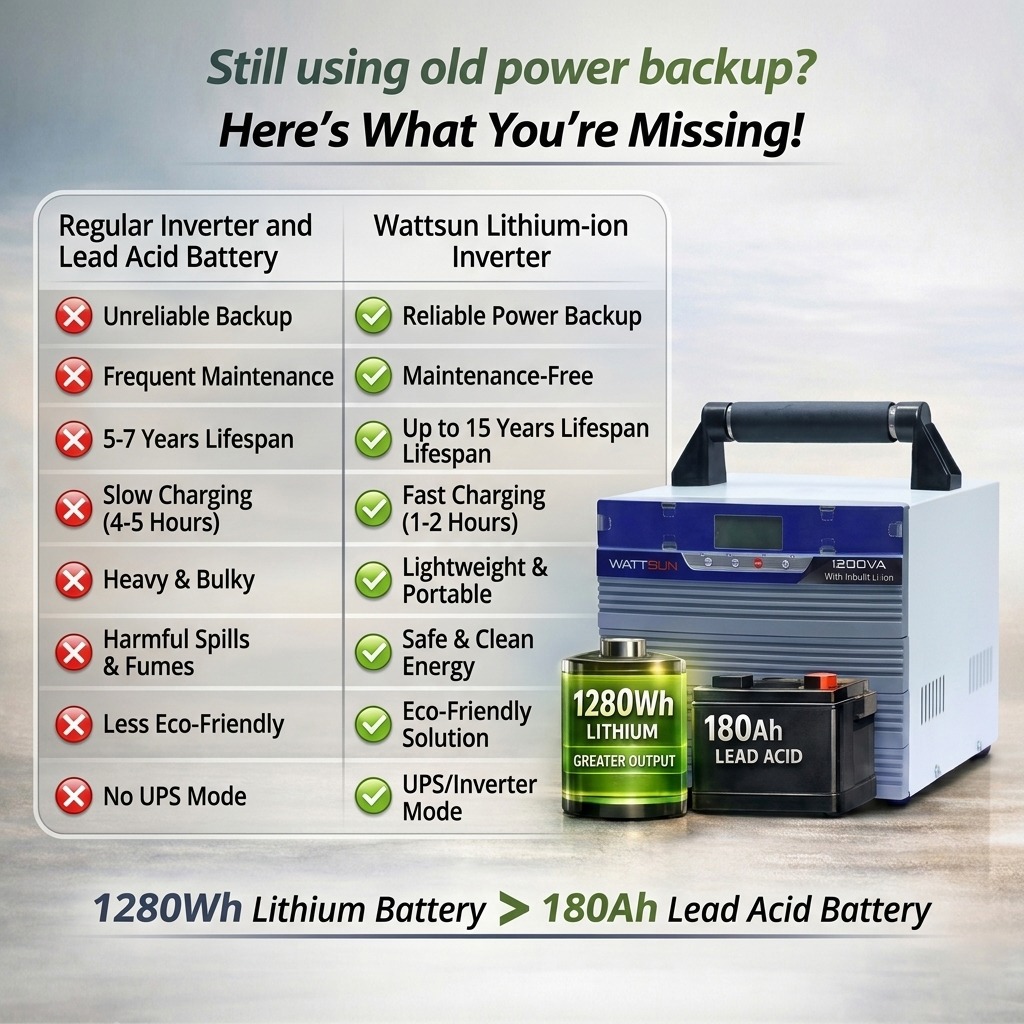 Wattsun Inverter 1200VA with Upto 15 Year Life | Integrated 1280Wh Lithium-Ion Battery | Pure Sine Wave Inverter | IP32 Water Protection | LCD Display | Compact & Portable Design | 5 Years Warranty